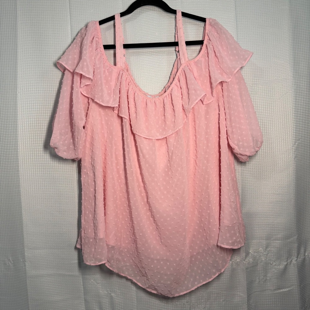 Boutique Swiss Dot Blouse 2X Pink Cold Shoulder Ruffle Top